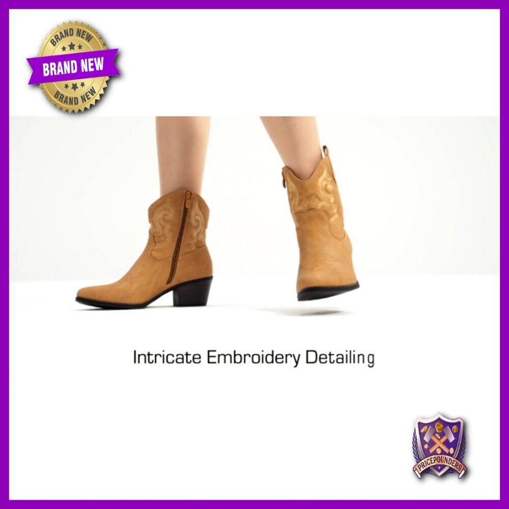 Western Cowgirl Ankle Boots Embroidered Chunky Heel Round Toe Fashion Booties - Picture 7 of 7